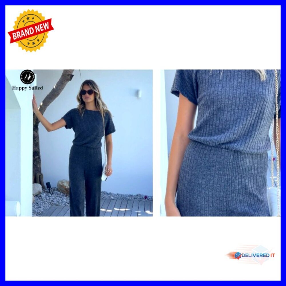 Ribbed Crewneck Jumpsuit Wide Leg Stretchy Casual Chic Loose Fit Romper - Picture 6 of 7